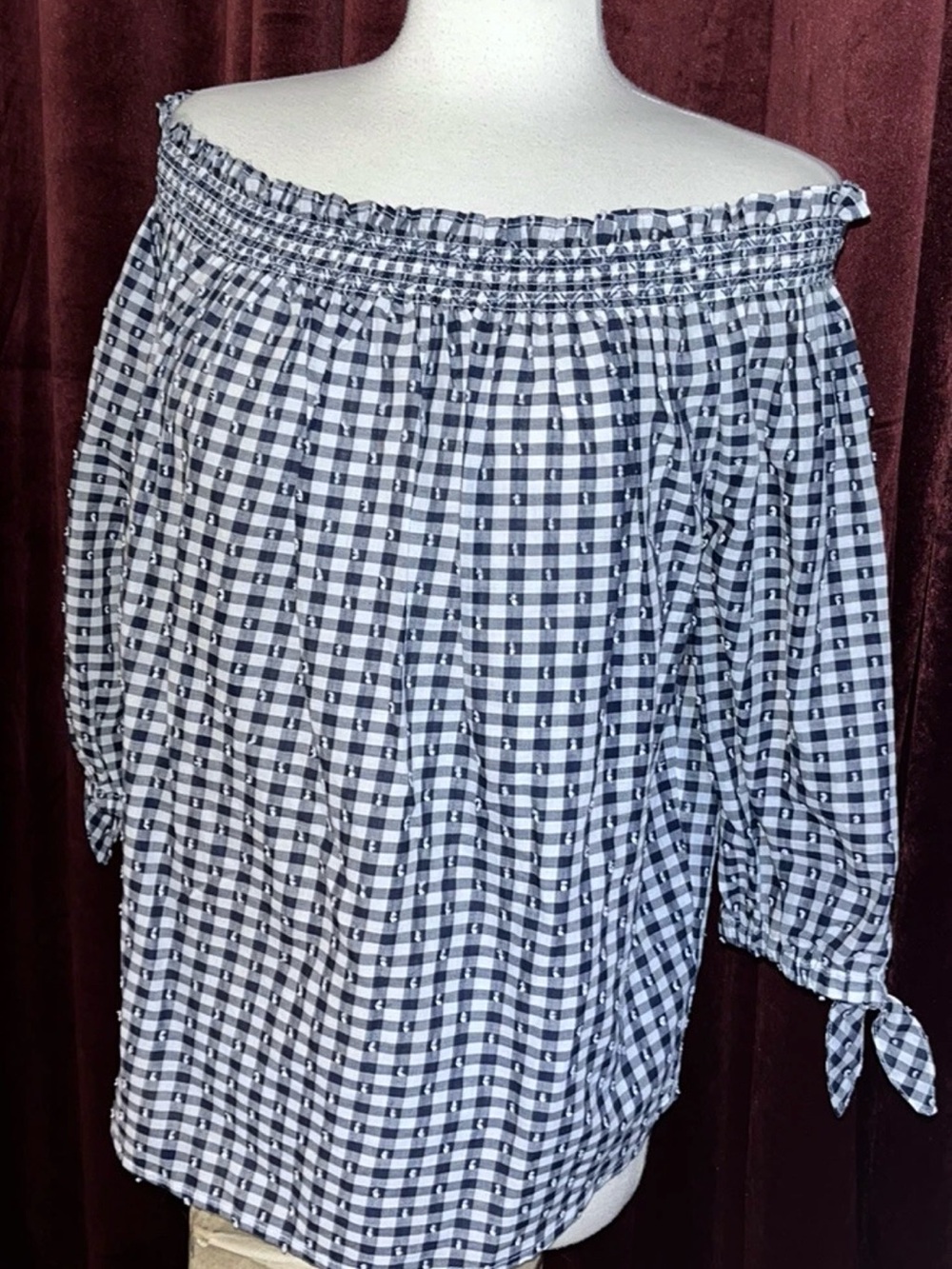 Izod Blue White Gingham Off Shoulder 3/4 Sleeve Top Shirt Blouse - Medium